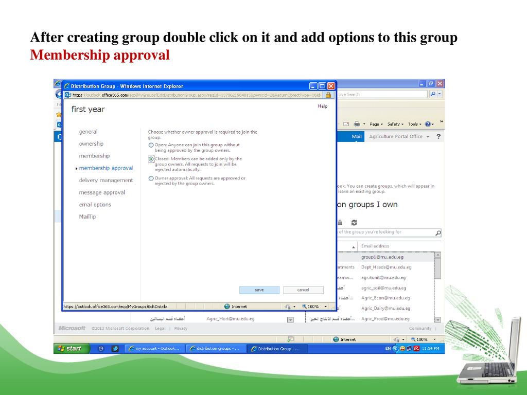 After creating group double click on it and add options to this group Membership approval