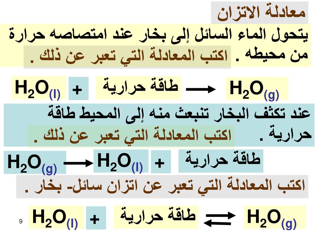 معادلة الاتزان يتحول الماء السائل إلى بخار عند امتصاصه حرارة من محيطه . اكتب المعادلة التي تعبر عن ذلك .