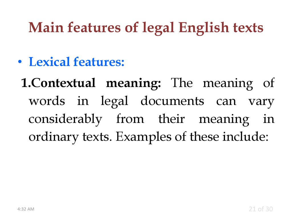 Main features of legal English texts