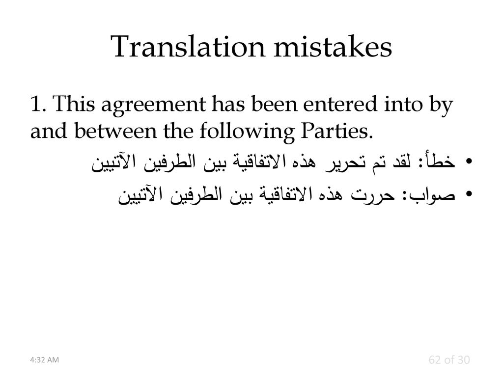 Translation mistakes 1. This agreement has been entered into by and between the following Parties.