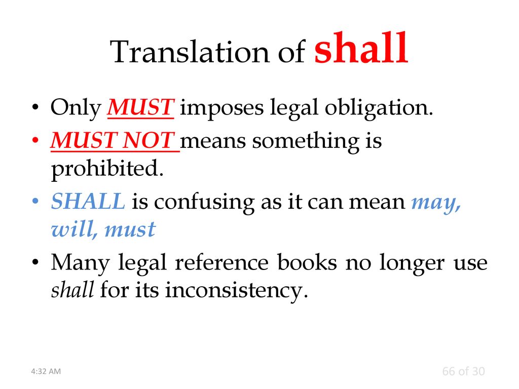 Translation of shall Only MUST imposes legal obligation.
