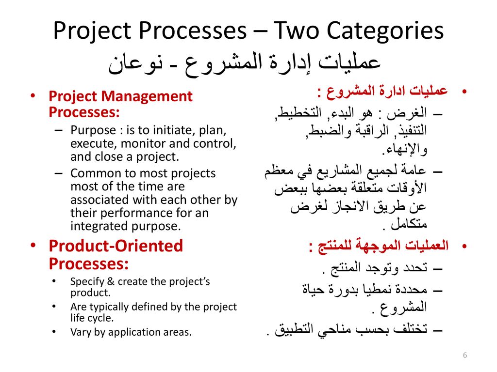 Project Processes – Two Categories عمليات إدارة المشروع - نوعان
