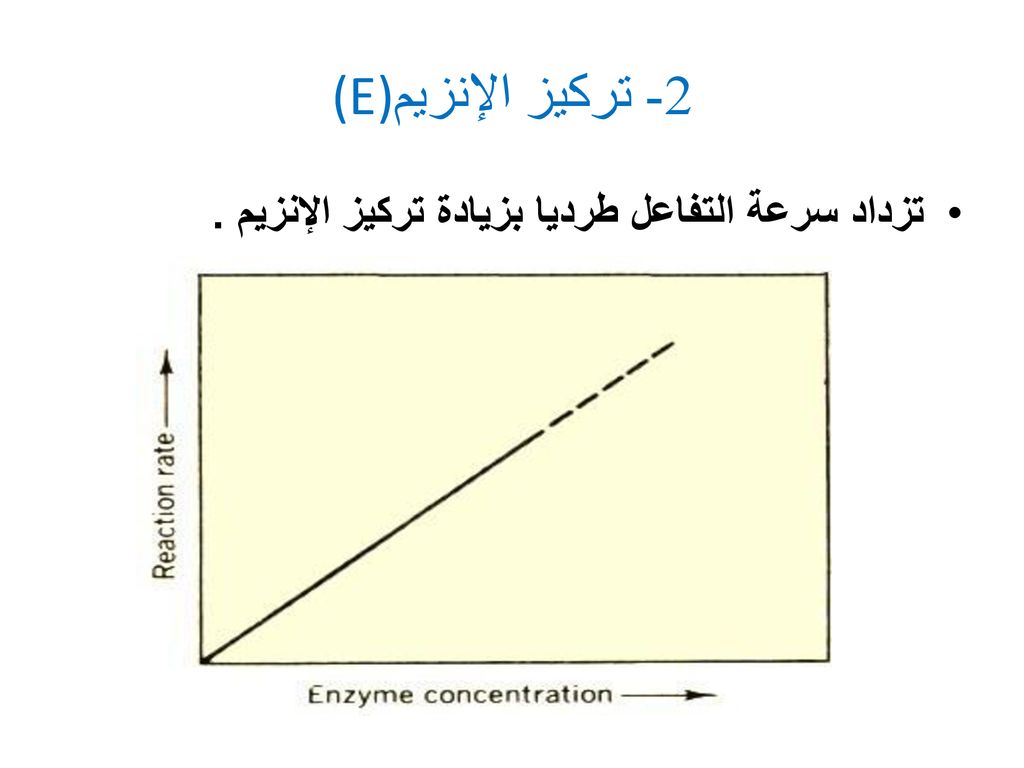 2- تركيز الإنزيم(E) تزداد سرعة التفاعل طرديا بزيادة تركيز الإنزيم .