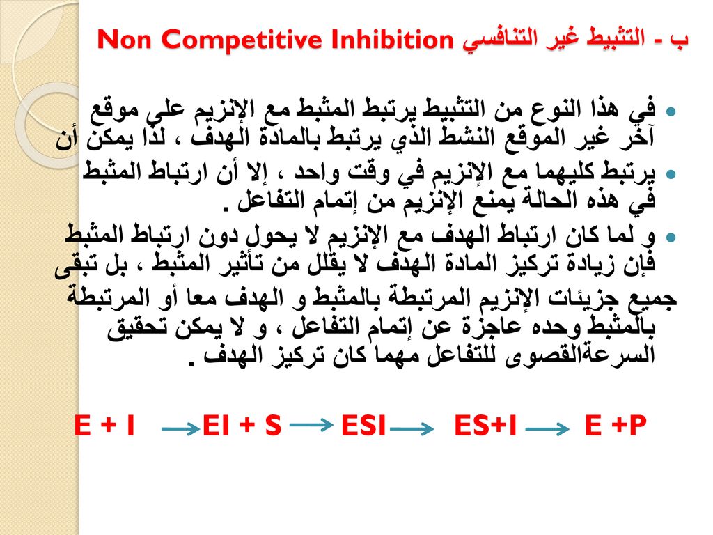 ب - التثبيط غير التنافسيNon Competitive Inhibition