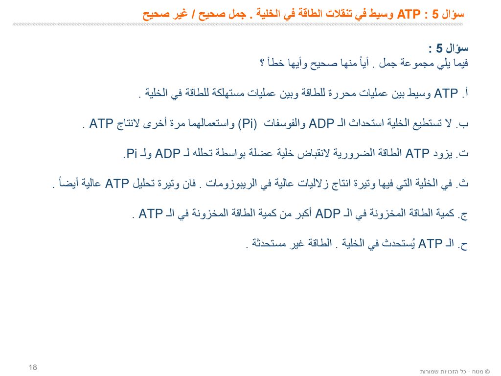 سؤال 5 : ATP وسيط في تنقلات الطاقة في الخلية . جمل صحيح / غير صحيح