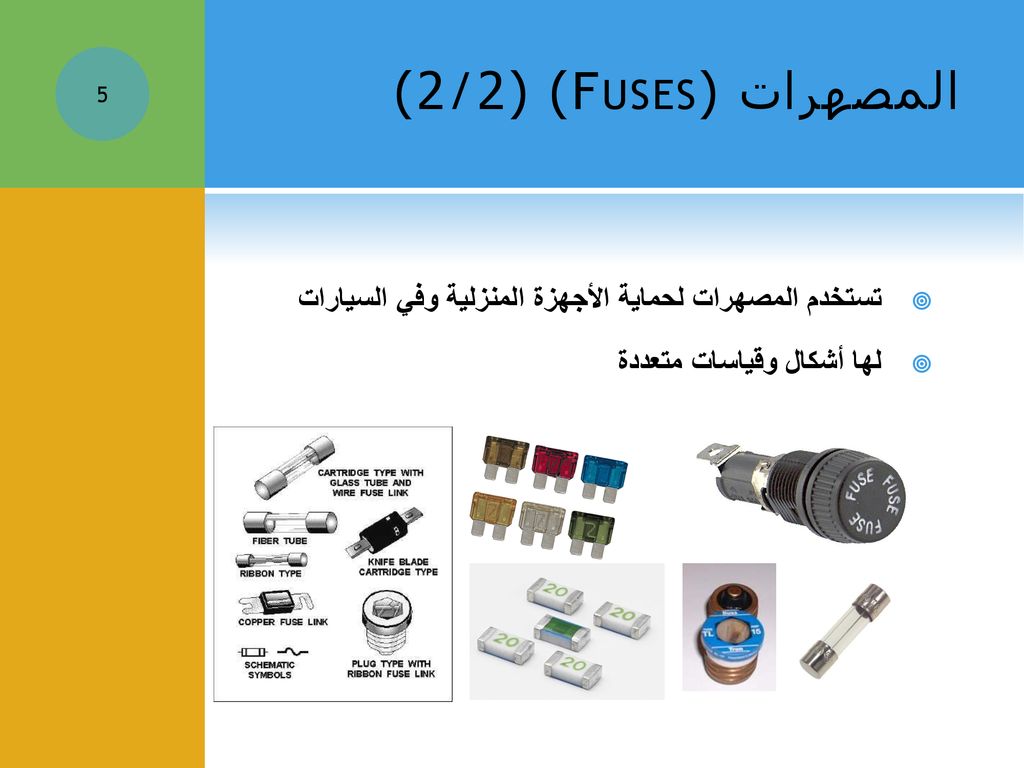 المصهرات (Fuses) (2/2) تستخدم المصهرات لحماية الأجهزة المنزلية وفي السيارات.