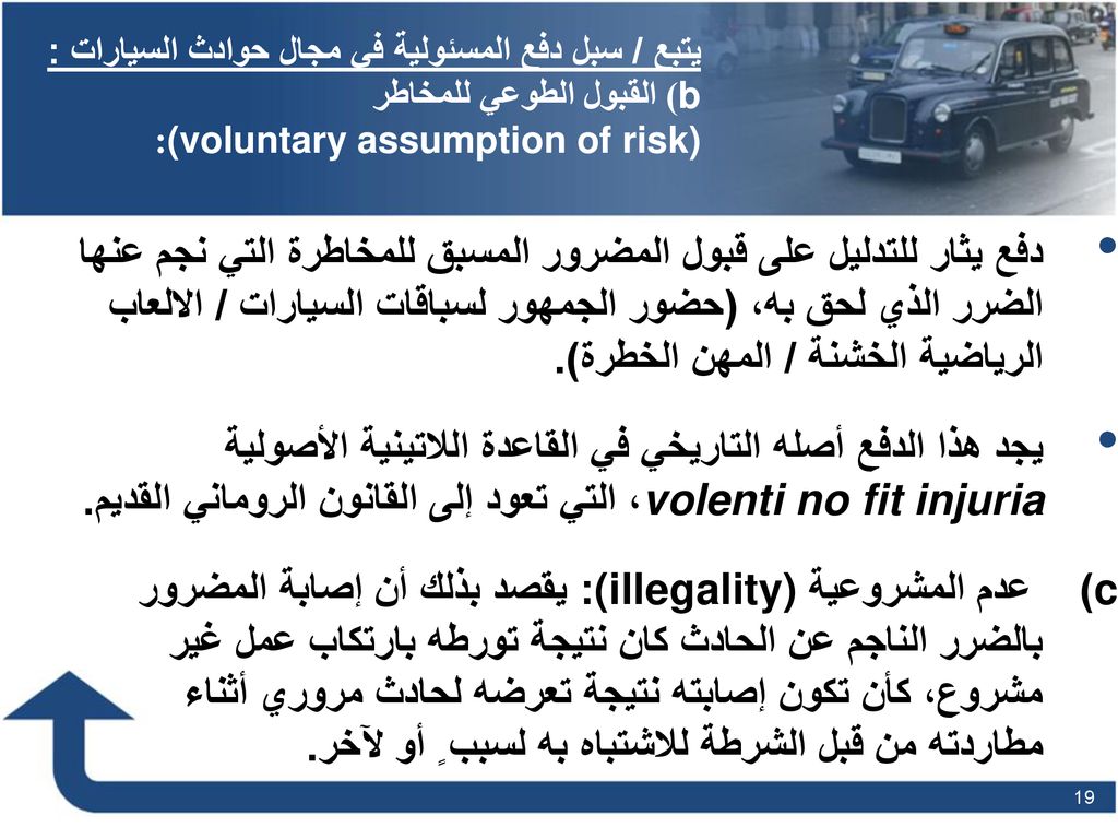 يتبع / سبل دفع المسئولية في مجال حوادث السيارات : b) القبول الطوعي للمخاطر (voluntary assumption of risk):