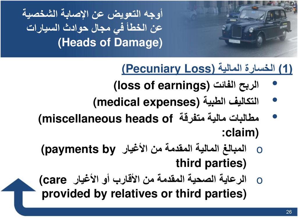 أوجه التعويض عن الإصابة الشخصية عن الخطأ في مجال حوادث السيارات (Heads of Damage)