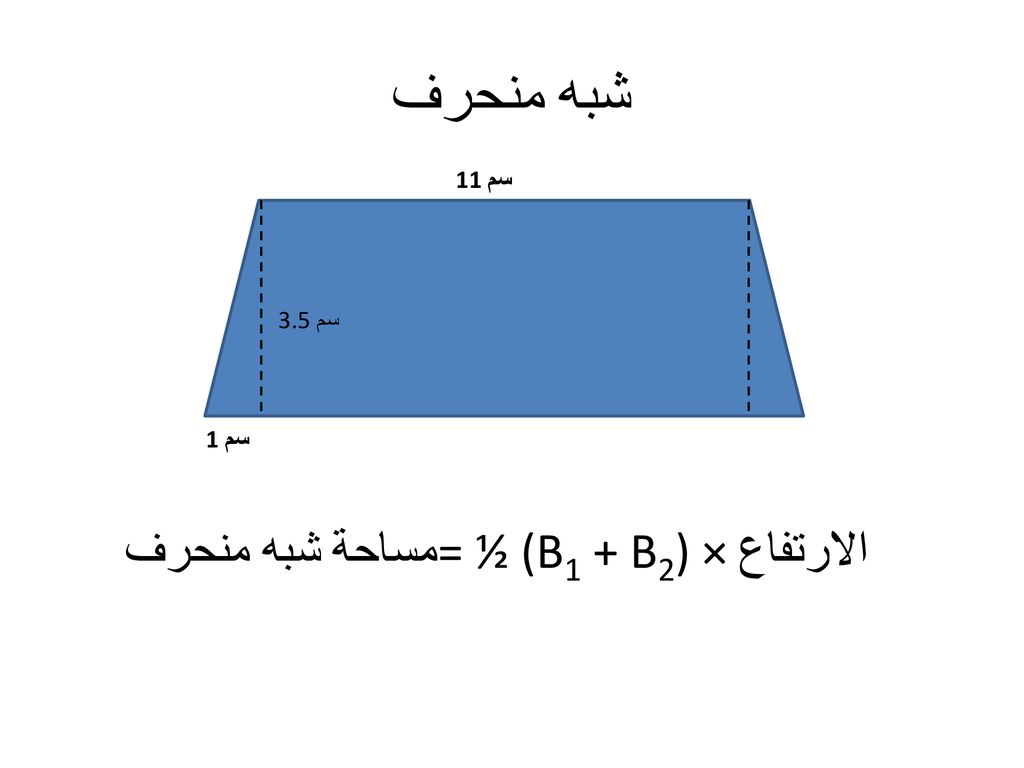 شبه منحرف 11 سم 3.5 سم 1 سم مساحة شبه منحرف = ½ (B1 + B2) × الارتفاع