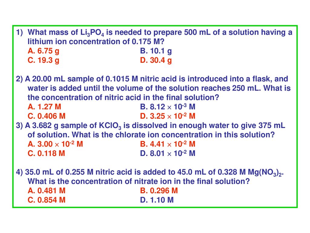 What mass of Li3PO4 is needed to prepare 500 mL of a solution having a lithium ion concentration of M A g B g