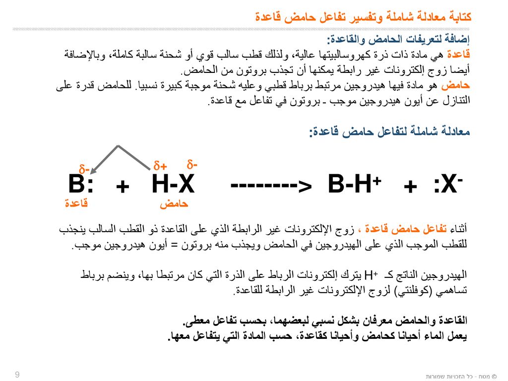 كتابة معادلة شاملة وتفسير تفاعل حامض قاعدة