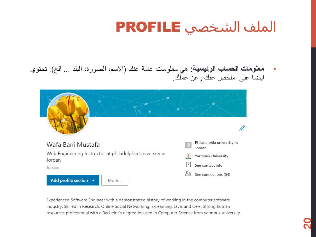 الملف الشخصي Profile معلومات الحساب الرئيسية: هي معلومات عامة عنك (الاسم، الصورة، البلد ...