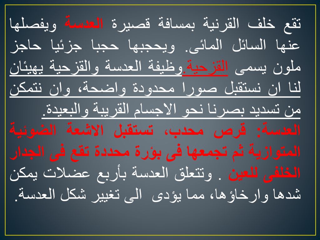 تقع خلف القرنية بمسافة قصيرة العدسة ويفصلها عنها السائل المائى