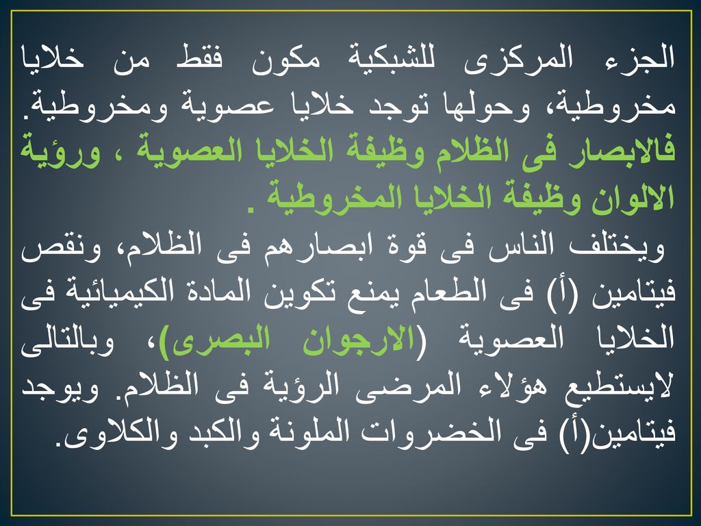 الجزء المركزى للشبكية مكون فقط من خلايا مخروطية، وحولها توجد خلايا عصوية ومخروطية. فالابصار فى الظلام وظيفة الخلايا العصوية ، ورؤية الالوان وظيفة الخلايا المخروطية .