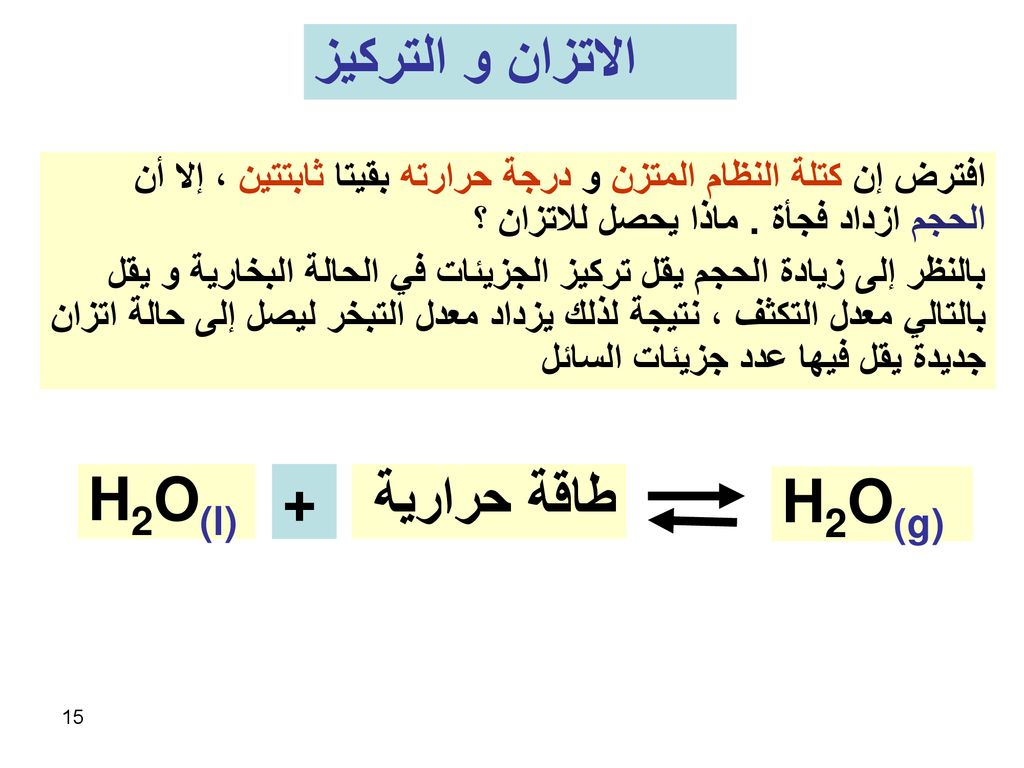 الاتزان و التركيز H2O(l) + طاقة حرارية H2O(g)