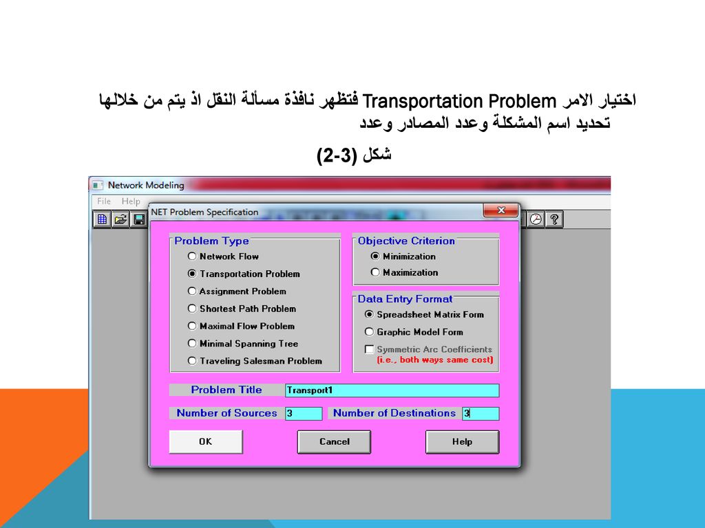 اختيار الامر Transportation Problem فتظهر نافذة مسألة النقل اذ يتم من خلالها تحديد اسم المشكلة وعدد المصادر وعدد شكل (3-2)