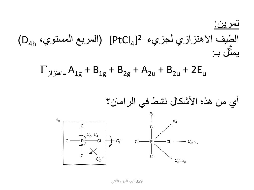 تمرين: الطيف الاهتزازي لجزيء [PtCl4]2- (المربع المستوي، D4h) يمثَّل بـ: = A1g + B1g + B2g + A2u + B2u + 2Eu اهتزاز أي من هذه الأشكال نشط في الرامان؟