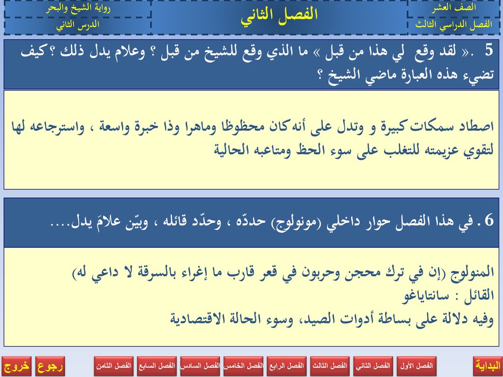الصف العشر الفصل الثاني. رواية الشيخ والبحر. الفصل الدراسي الثالث. الدرس الثاني.