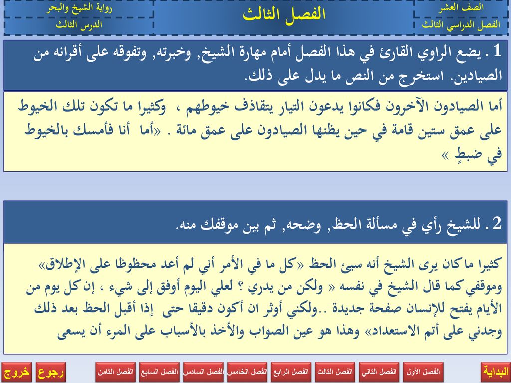 الصف العشر الفصل الثالث. رواية الشيخ والبحر. الفصل الدراسي الثالث. الدرس الثالث.