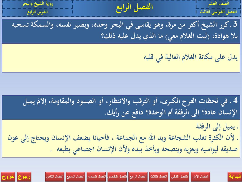 الصف العشر الفصل الرابع. رواية الشيخ والبحر. الفصل الدراسي الثالث. الدرس الرابع.