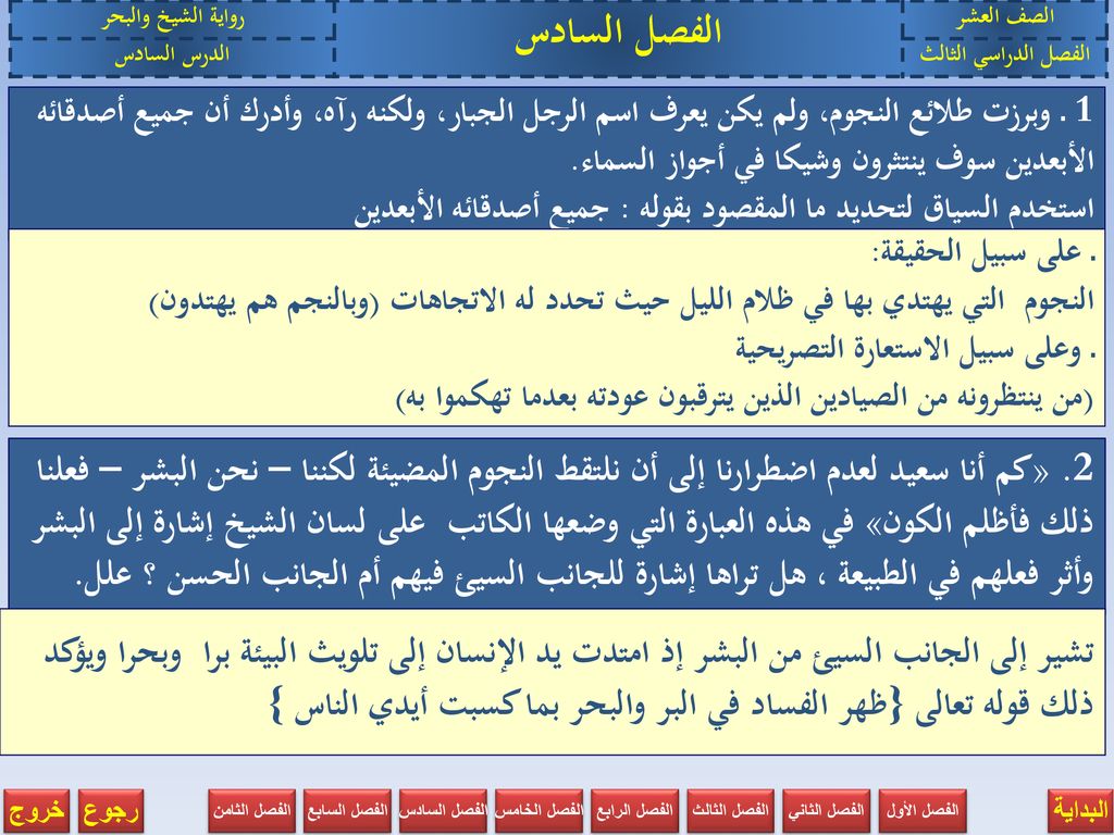 الصف العشر الفصل السادس. رواية الشيخ والبحر. الفصل الدراسي الثالث. الدرس السادس.
