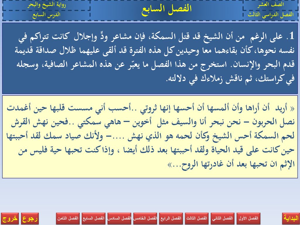 الصف العشر الفصل السابع. رواية الشيخ والبحر. الفصل الدراسي الثالث. الدرس السابع.