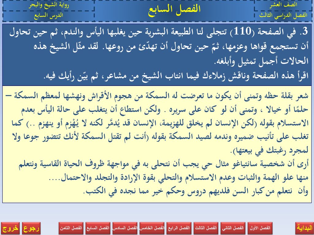الصف العشر الفصل السابع. رواية الشيخ والبحر. الفصل الدراسي الثالث. الدرس السابع.