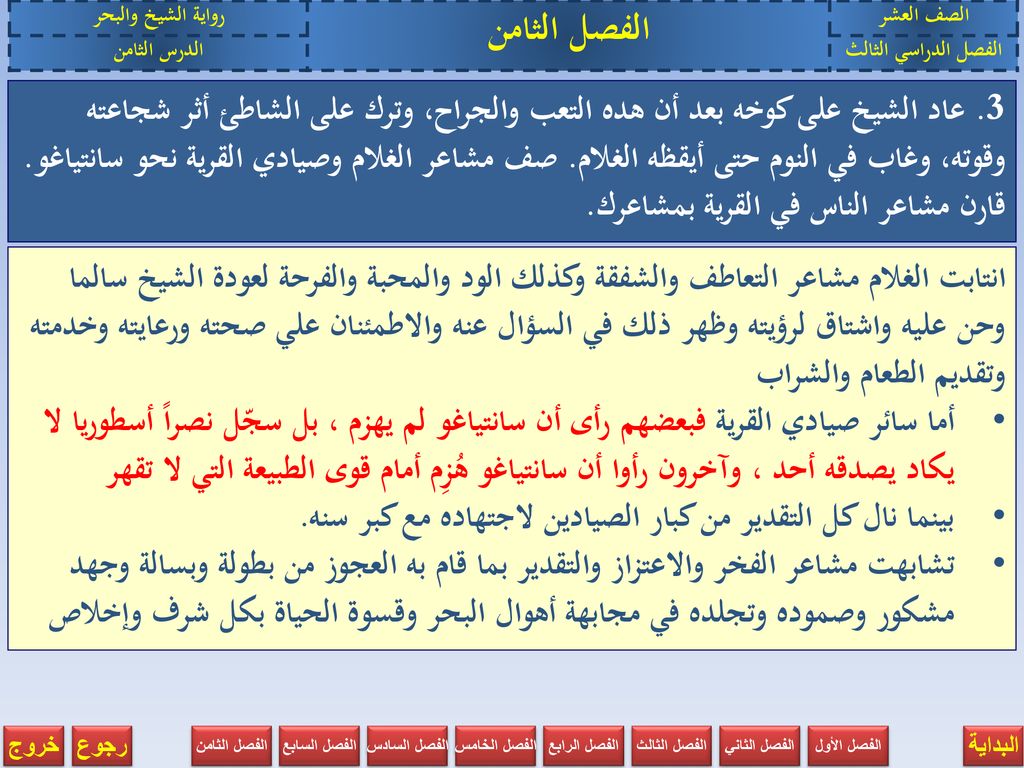 الصف العشر الفصل الثامن. رواية الشيخ والبحر. الفصل الدراسي الثالث. الدرس الثامن.