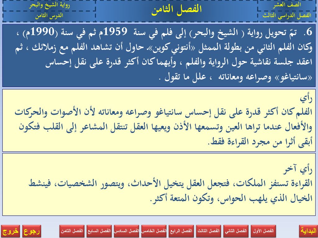 الصف العشر الفصل الثامن. رواية الشيخ والبحر. الفصل الدراسي الثالث. الدرس الثامن.