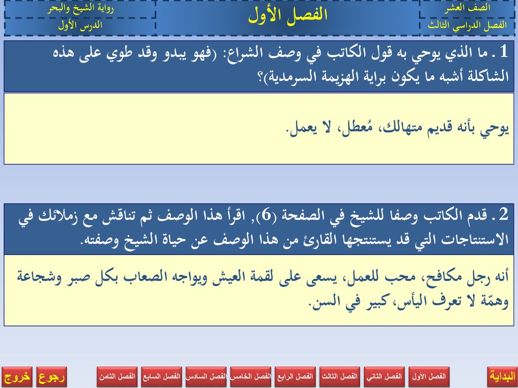 الصف العشر الفصل الأول. رواية الشيخ والبحر. الفصل الدراسي الثالث. الدرس الأول.