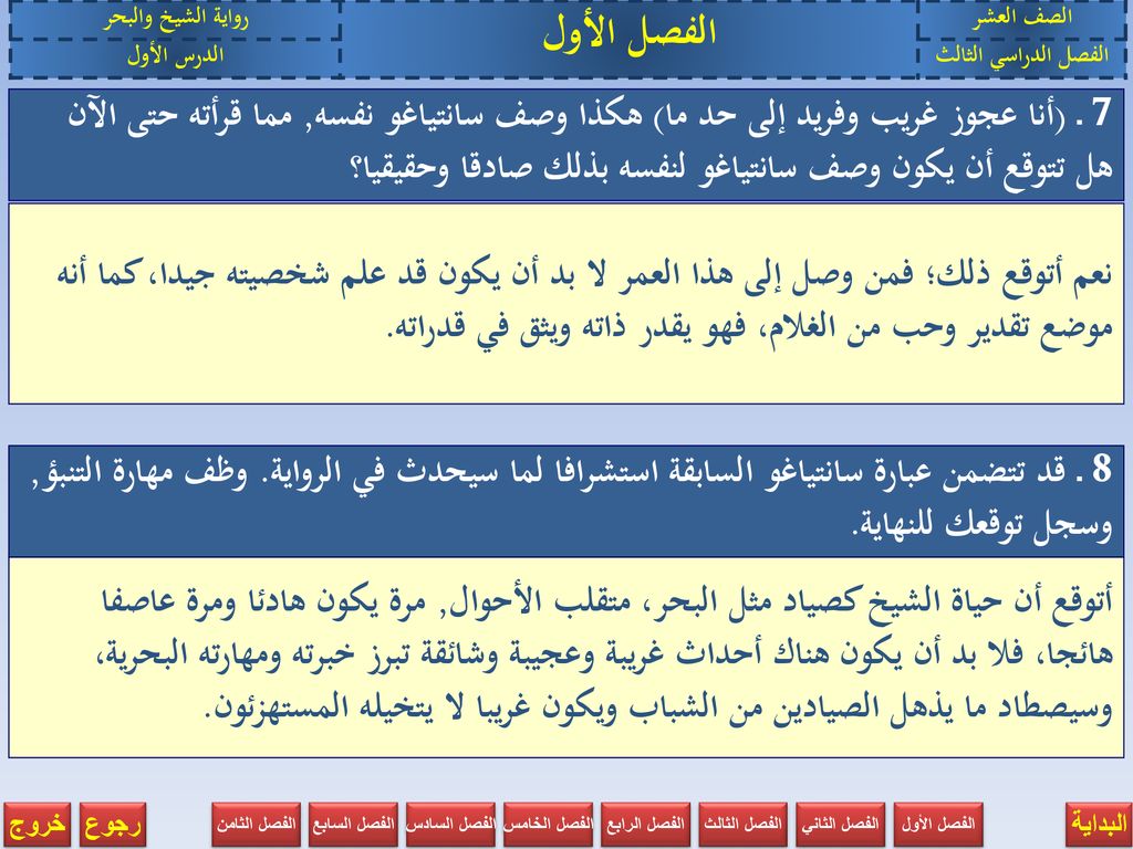 الصف العشر الفصل الأول. رواية الشيخ والبحر. الفصل الدراسي الثالث. الدرس الأول.