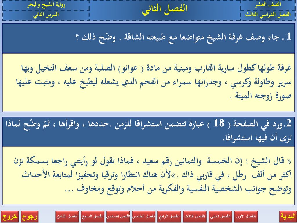 الصف العشر الفصل الثاني. رواية الشيخ والبحر. الفصل الدراسي الثالث. الدرس الثاني. 1 ـ جاء وصف غرفة الشيخ متواضعا مع طبيعته الشاقة . وضّح ذلك ؟