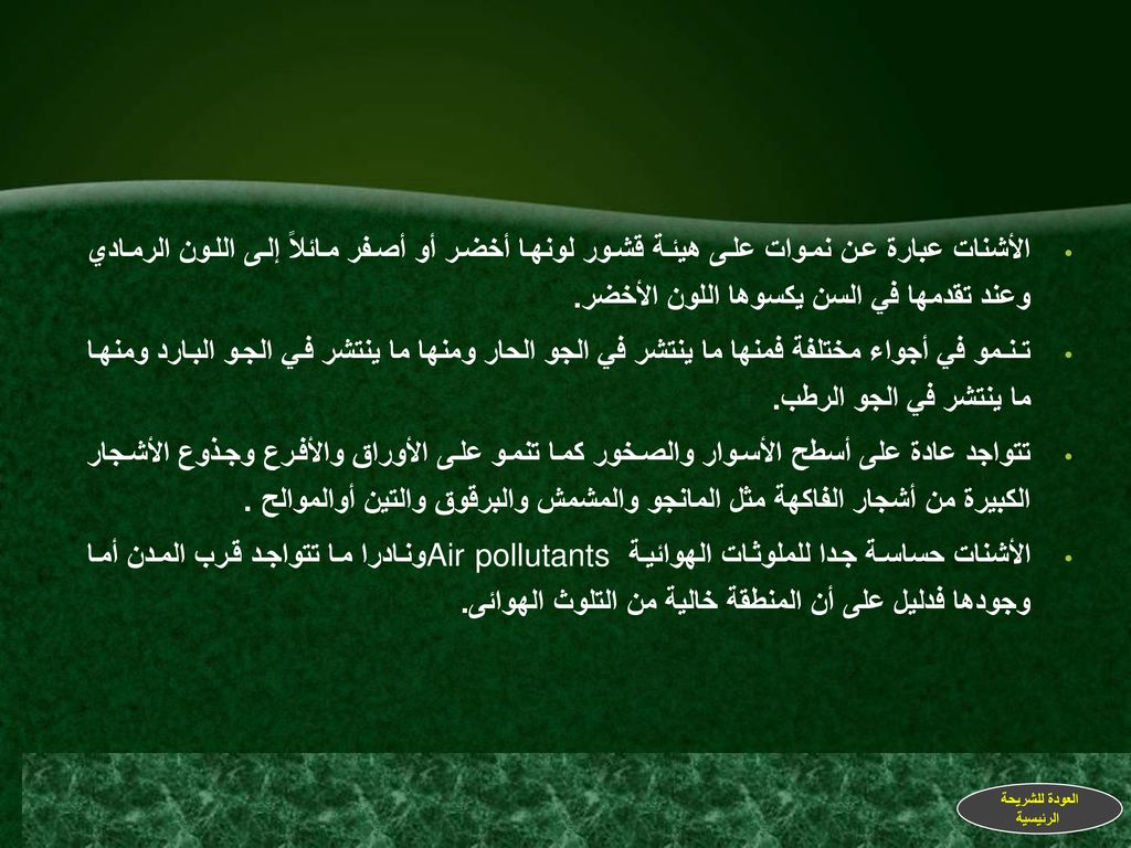 الأشنات عبارة عن نموات على هيئة قشور لونها أخضر أو أصفر مائلاً إلى اللون الرمادي وعند تقدمها في السن يكسوها اللون الأخضر.