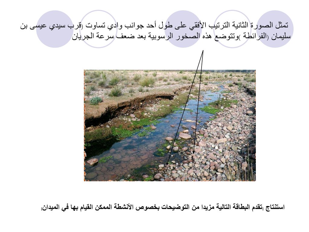 تمثل الصورة الثانية الترتيب الأفقي على طول أحد جوانب وادي تساوت (قرب سيدي عيسى بن سليمان (الفرائطة )وتتوضع هذه الصخور الرسوبية بعد ضعف سرعة الجريان