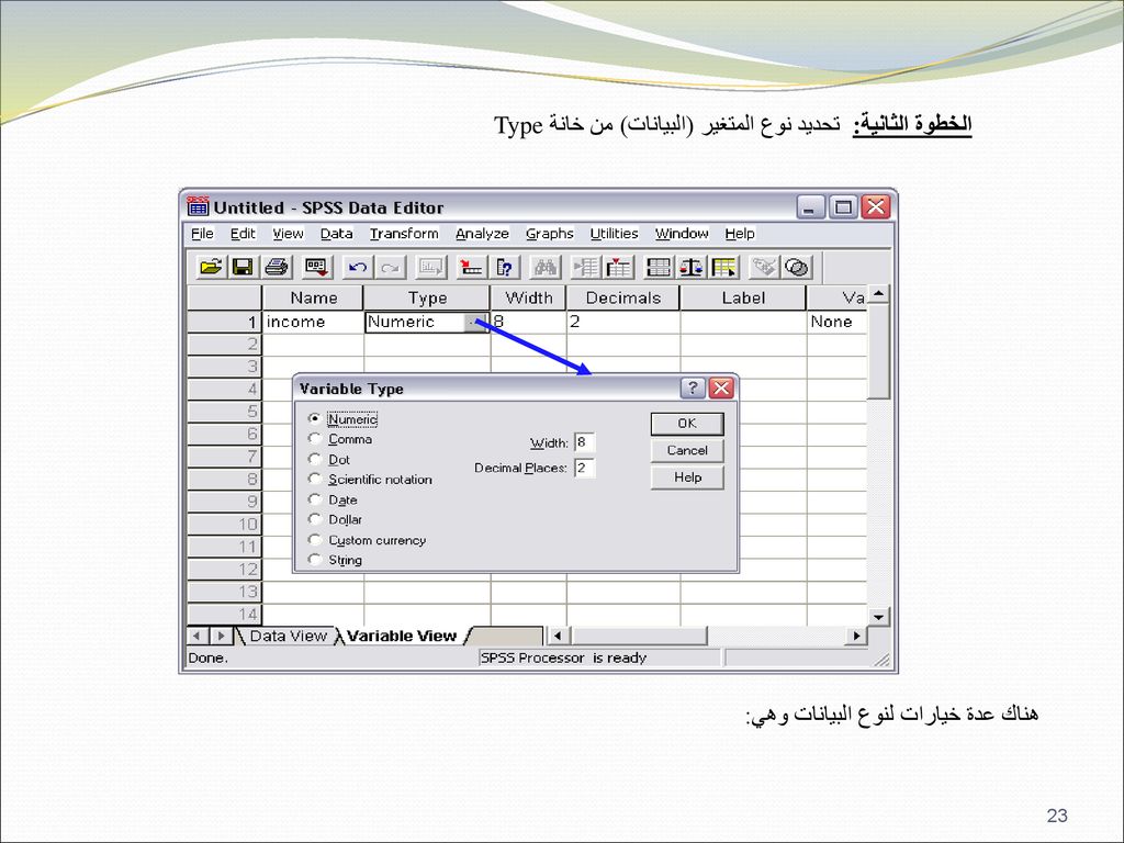 الخطوة الثانية: تحديد نوع المتغير (البيانات) من خانة Type