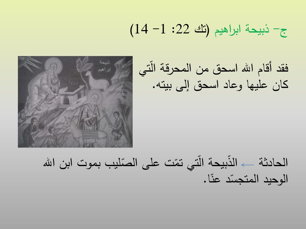 ج- ذبيحة ابراهيم (تك 22: 1- 14) فقد أقام الله اسحق من المحرقة الّتي كان عليها وعاد اسحق إلى بيته.