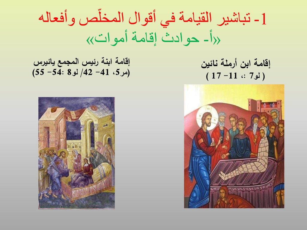 1- تباشير القيامة في أقوال المخلّص وأفعاله «أ- حوادث إقامة أموات»