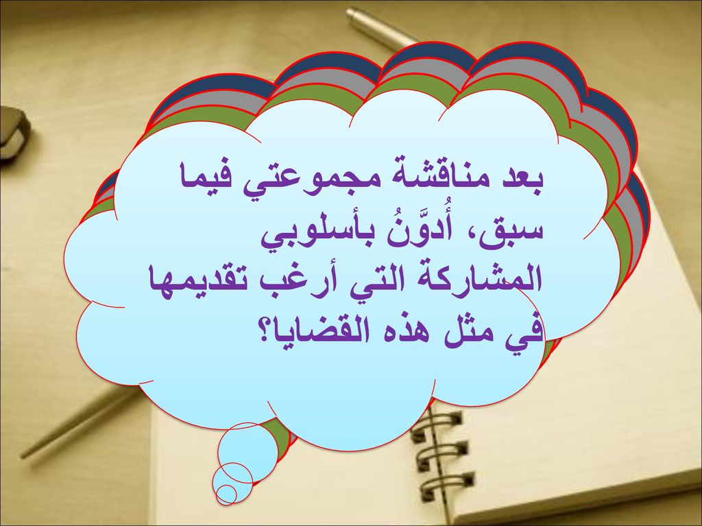 بعد مناقشة مجموعتي فيما سبق، أُدوَّنُ بأسلوبي المشاركة التي أرغب تقديمها في مثل هذه القضايا؟