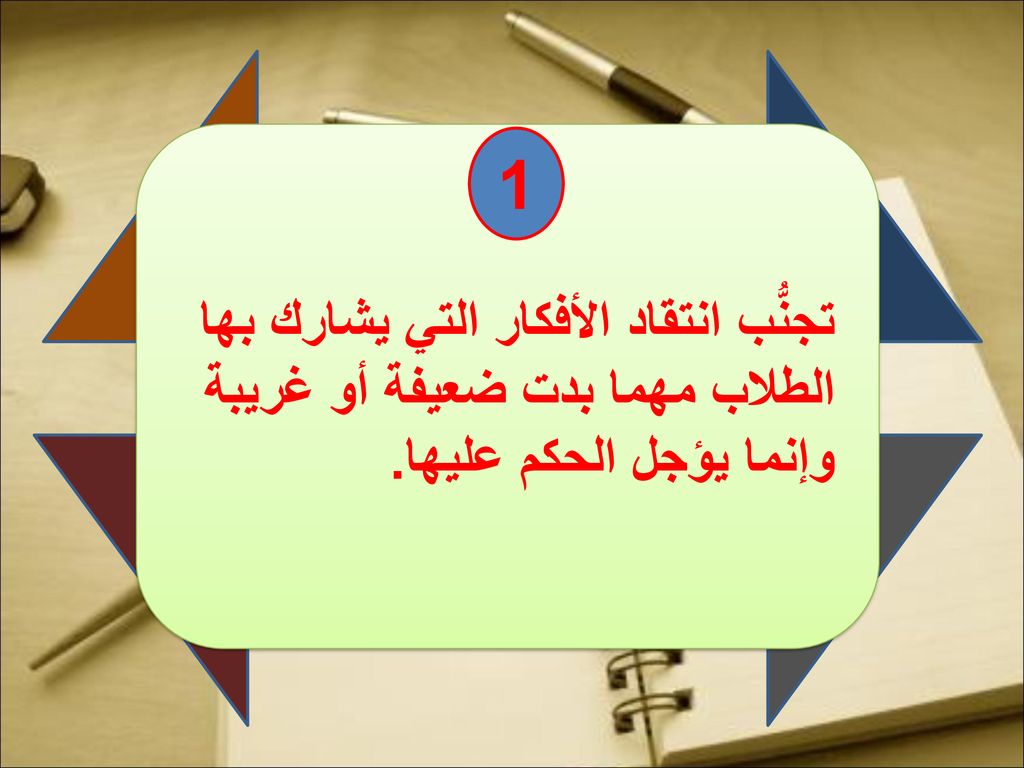 1 تجنُّب انتقاد الأفكار التي يشارك بها الطلاب مهما بدت ضعيفة أو غريبة وإنما يؤجل الحكم عليها.