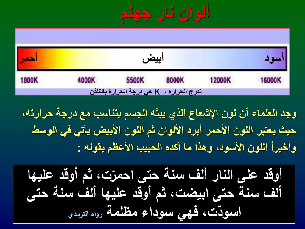 ألوان نار جهنم أحمر. أبيض. أسود. تدرج الحرارة ، K هي درجة الحرارة بالكلفن.
