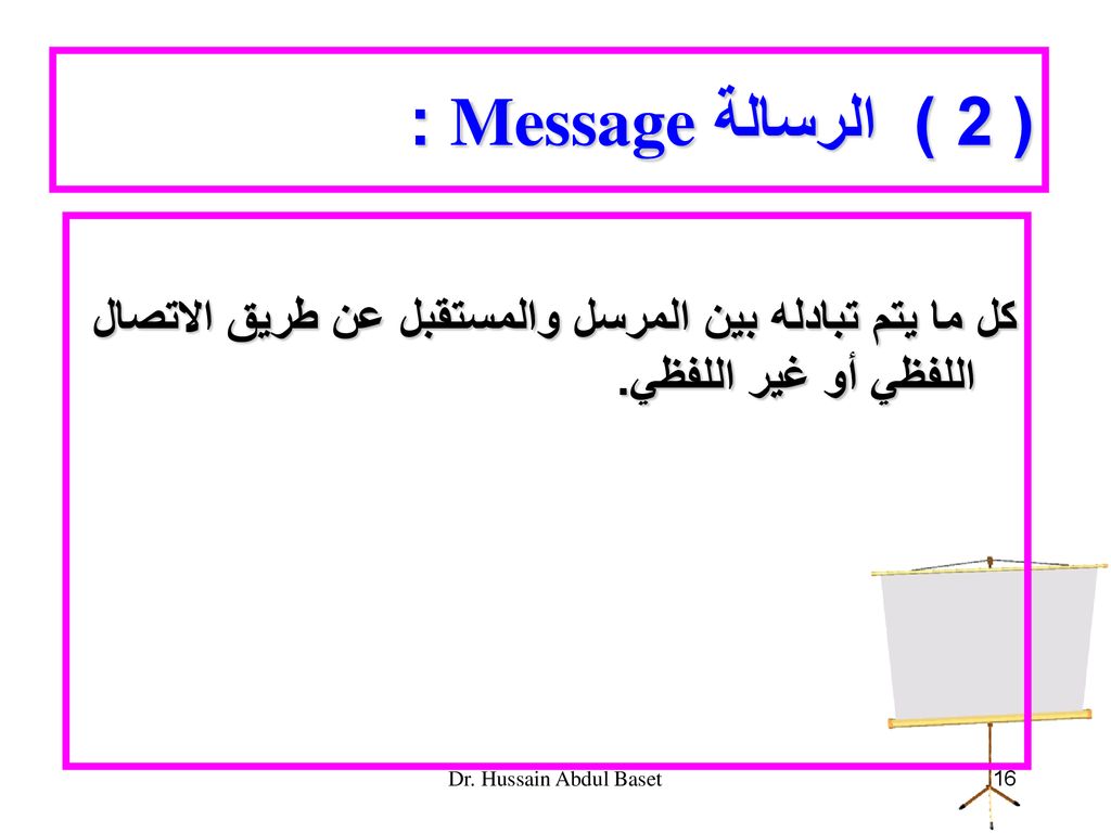 ( 2 ) الرسالة Message : كل ما يتم تبادله بين المرسل والمستقبل عن طريق الاتصال اللفظي أو غير اللفظي.