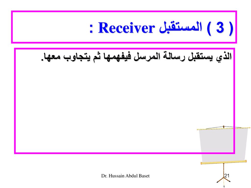 ( 3 ) المستقبل Receiver : الذي يستقبل رسالة المرسل فيفهمها ثم يتجاوب معها. Dr. Hussain Abdul Baset