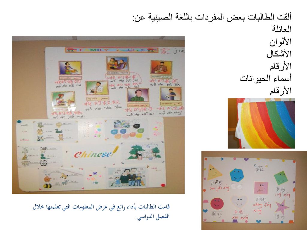 ألقت الطالبات بعض المفردات باللغة الصينية عن: العائلة الألوان الأشكال
