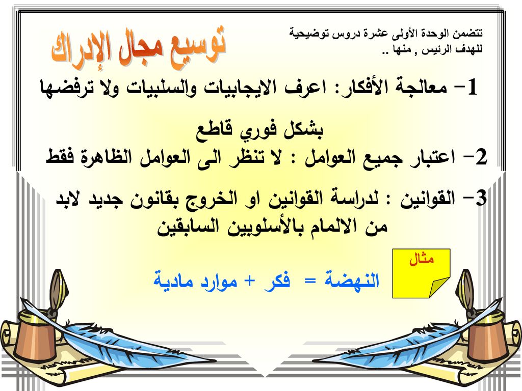 تتضمن الوحدة الأولى عشرة دروس توضيحية للهدف الرئيس , منها ..