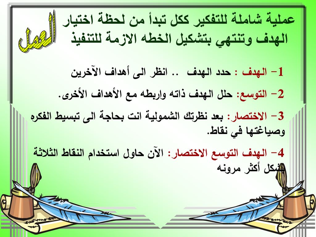 العمل عملية شاملة للتفكير ككل تبدأ من لحظة اختيار الهدف وتنتهي بتشكيل الخطه الازمة للتنفيذ. 1- الهدف : حدد الهدف .. انظر الى أهداف الآخرين.