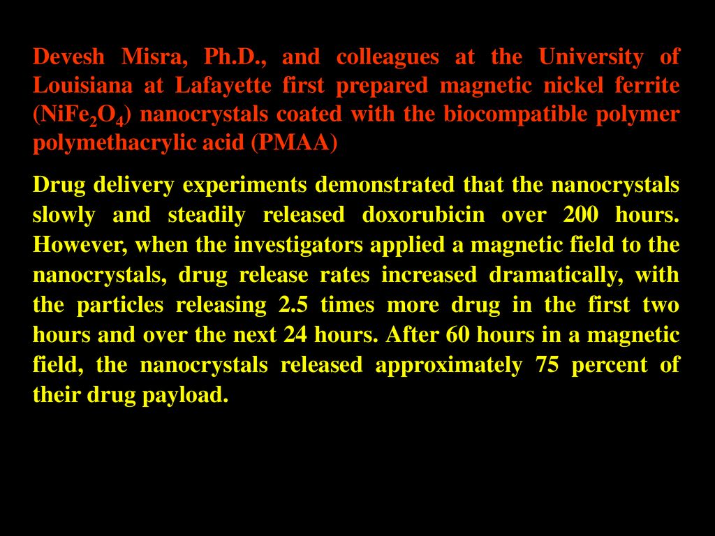 Devesh Misra, Ph.D., and colleagues at the University of Louisiana at Lafayette first prepared magnetic nickel ferrite (NiFe2O4) nanocrystals coated with the biocompatible polymer polymethacrylic acid (PMAA)
