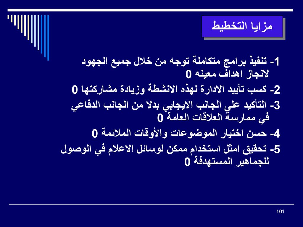 مزايا التخطيط 1- تنفيذ برامج متكاملة توجه من خلال جميع الجهود لانجاز اهداف معينه كسب تأييد الادارة لهذه الانشطة وزيادة مشاركتها 0.