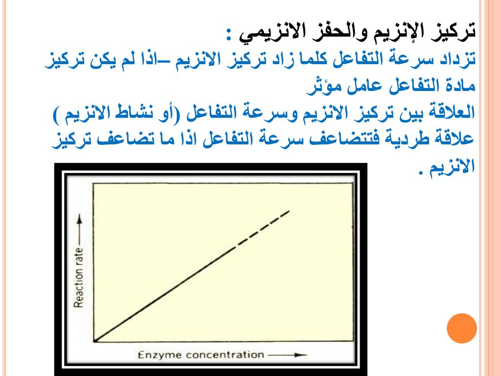 تركيز الإنزيم والحفز الانزيمي : تزداد سرعة التفاعل كلما زاد تركيز الانزيم –اذا لم يكن تركيز مادة التفاعل عامل مؤثر العلاقة بين تركيز الانزيم وسرعة التفاعل (أو نشاط الانزيم ) علاقة طردية فتتضاعف سرعة التفاعل اذا ما تضاعف تركيز الانزيم .