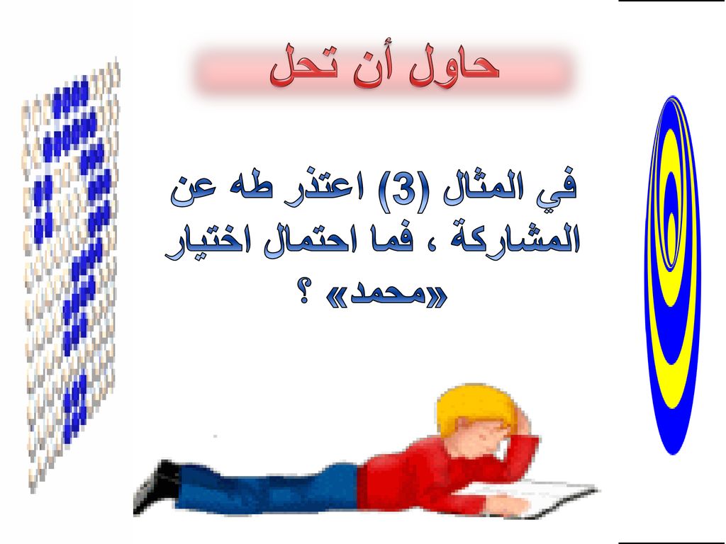 في المثال (3) اعتذر طه عن المشاركة ، فما احتمال اختيار «محمد» ؟