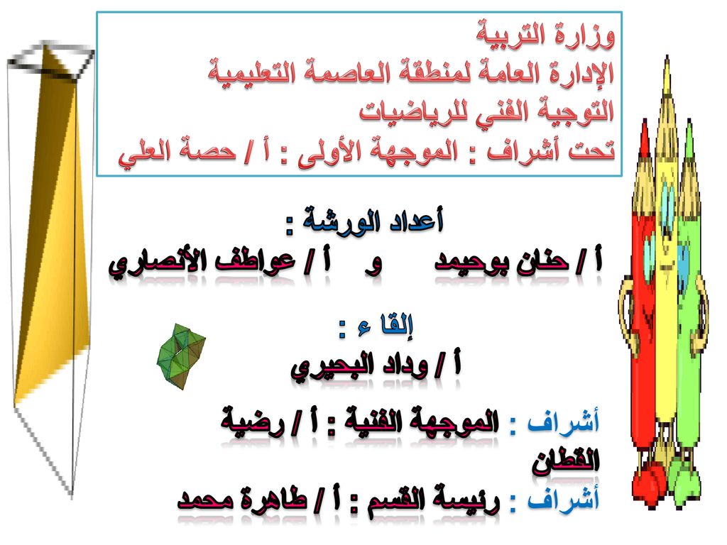 وزارة التربية الإدارة العامة لمنطقة العاصمة التعليمية. التوجية الفني للرياضيات. تحت أشراف : الموجهة الأولى : أ / حصة العلي.